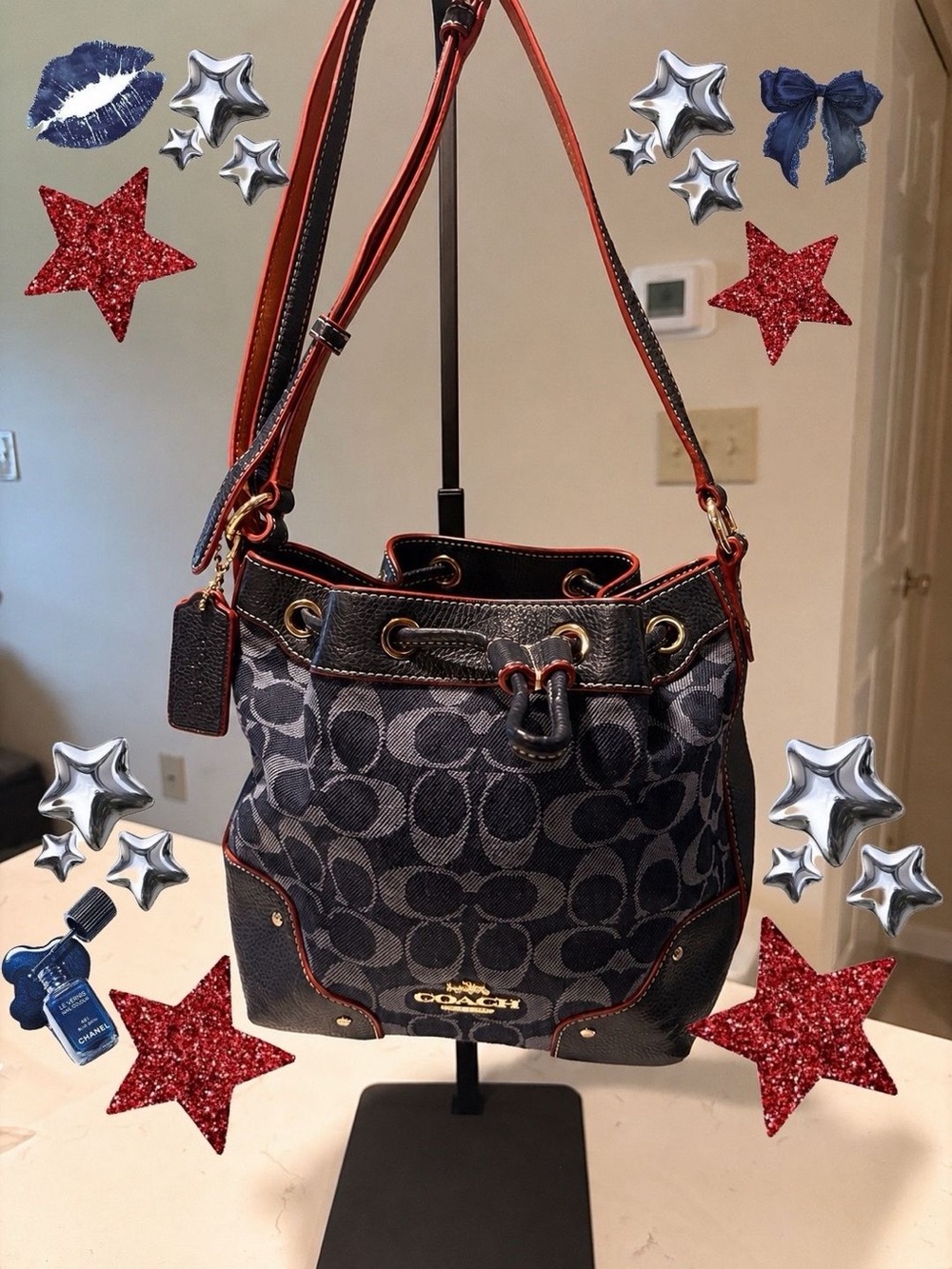 Coach black and gray signature denim or jacquard drawstring bucket purse 🦋